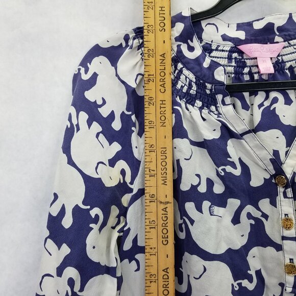 Lilly Pulitzer Elsa Blue White Elephant Print 100% Silk Pullover Blouse XS - Picture 9 of 11
